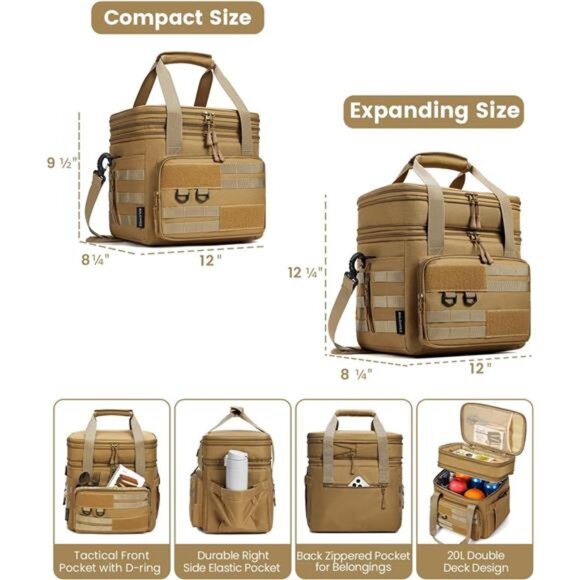 Tactical Lunch Bag,20L Large Heavy Duty DoubleDeck Insulated Lunch Box Leakproof - Picture 3 of 8